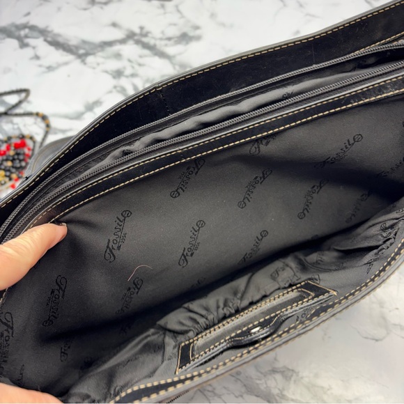 Fossil Black Leather Tote Computer Laptop Briefcase Bag with Top Handles Zipper - Picture 7 of 15